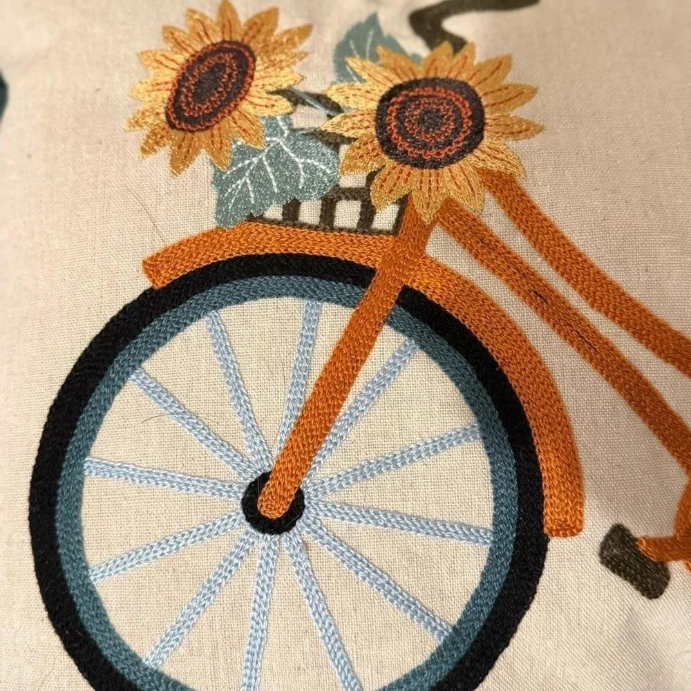 Vintage Cottagecore Grannycore Bicycle with sunflowers embroidered pillow
